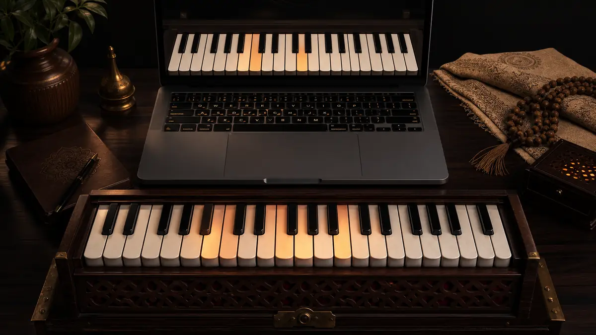 Web harmonium tutorial with laptop keyboard and harmonium keys